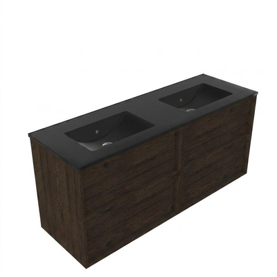 Saniclass Holz Frame Ensemble de meubles de salle de bains - 140x45x62cm - lavabo Vygo en céramique noir - 2 vasques - sans trous de robinetterie - 4 tiroirs - chêne charcoal mat (bois)