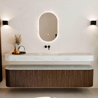 MONDIAZ THOR-DLUX 200cm meuble de salle de bains arrondi gauche + droite couleur Walnut avec 2 tiroirs et 2 portes. Vasque suspendue CLOUD Milieu sans trou de robinet couleur Opalo.