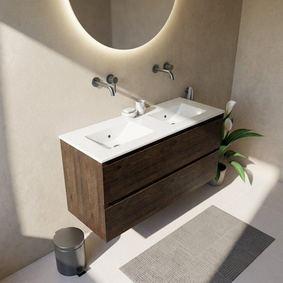 Saniclass Holz Pure Ensemble meuble de salle de bains - 120x45x62cm - Vasque Vygo en céramique blanche - 2 vasques - sans trous de robinet - 4 tiroirs - chêne charcoal mat (bois)