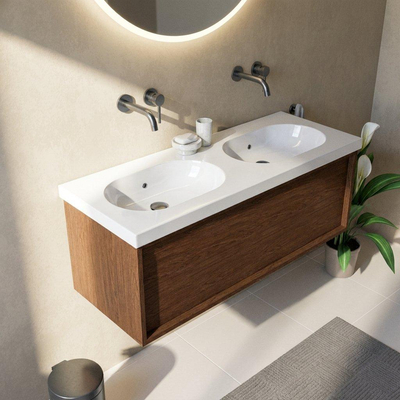 Saniclass Holz Frame Ensemble meuble de salle de bains - 120x45x43.5cm - lavabo en céramique Palermo blanc - 2 vasques - sans trous de robinetterie - 1 tiroir - walnut pure mat (bois)