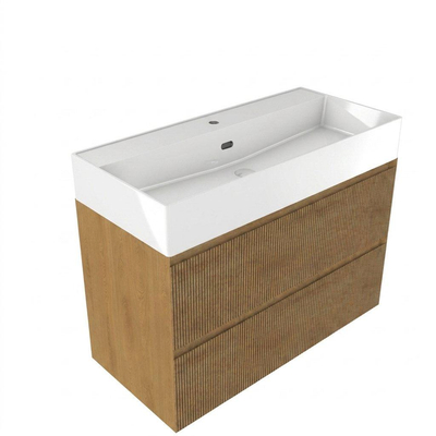 Saniclass Holz Atelier Ensemble meuble de salle de bains - 100x45x72cm - Legend lavabo en céramique blanc - 1 vasque - 1 trou de robinet - 2 tiroirs - chêne natural mat (bois)