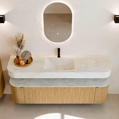 MONDIAZ THOR-DLUX Meuble de salle de bains 170cm arrondi gauche + droite couleur Oak avec 1 tiroir et 2 portes. Vasque suspendue CLOUD Milieu 1 trou de robinet couleur Opalo.