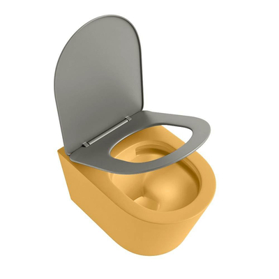 Mondiaz LAVIE hangtoilet – spoelrandloos – 36 x 53 cm – met softclose zitting – Ocher (geel), zitting Smoke (lichtbruin)