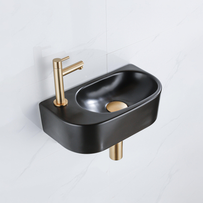 QeramiQ Fuente Fonteinset - 40x21.5x12cm - links - glad - halfrond - 1 kraangat - keramiek - fonteinkraan geborsteld messing - afvoerplug - verlaagd sifon - zwart mat