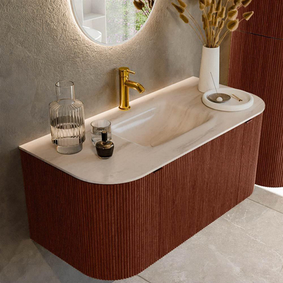 MONDIAZ KURVE-DLUX 100cm badmeubel ronding Links + Rechts kleur Ruby met 1 lade en 2 deuren. Wastafel GRUNNE Midden 1 kraangat Meli.