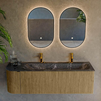 Ensemble de meuble de salle de bain Mondiaz KURVE-DLUX - 145x46x40cm - 1 tiroir - 1 porte - lavabo en solid surface - droite - 2 trous de robinet - Dusk