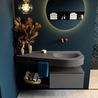MONDIAZ RIVA Ensemble de meuble salle de bain - 120x50x30cm - 1 tiroir - MDF gris foncé mat - push to open - 0 trous de robinet - lavabo à droite - solid surface gris foncé