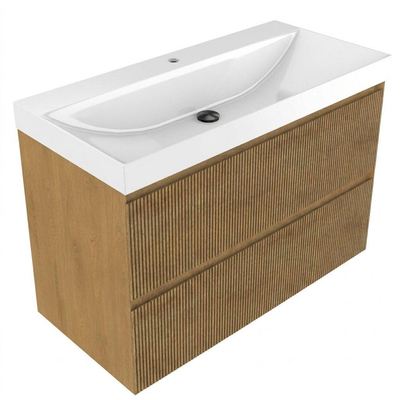 Saniclass Holz Atelier Ensemble meuble de salle de bains - 100x45x67.5cm - lavabo Wave en céramique - 1 vasque - 1 trou de robinetterie - 2 tiroirs - chêne naturel mat (bois)