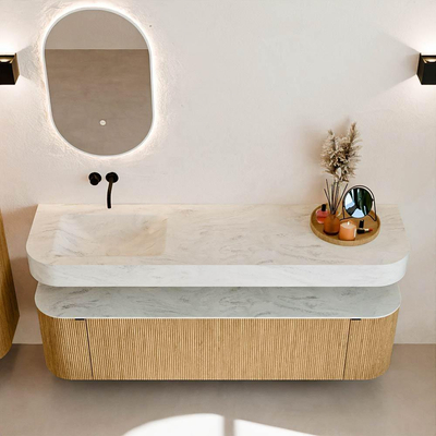 MONDIAZ THOR-DLUX 170cm badmeubel ronding links + rechts kleur Oak met 1 lade en 2 deuren. Vrijhangende wastafel CLOUD Links zonder kraangat kleur Opalo.