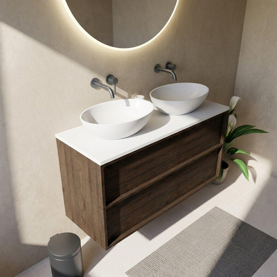 Saniclass Holz Frame Ensemble meuble de salle de bains - 120x45x62.5cm - plan supérieur Torino en solid surface blanc - sans trou de robinet - 2 tiroirs - chêne charcoal mat (bois)