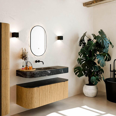 MONDIAZ THOR-DLUX 120cm badmeubel ronding links + rechts kleur Oak met 1 lade en 2 deuren. Vrijhangende wastafel CLOUD Midden zonder kraangat kleur Lava.