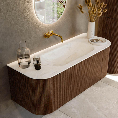 MONDIAZ KURVE-DLUX 120cm badmeubel met module 25 Len R kleur Walnut met 1 lade en 2 deuren. Wastafel BIG SMALL midden zonder kraangat kleur Ostra.