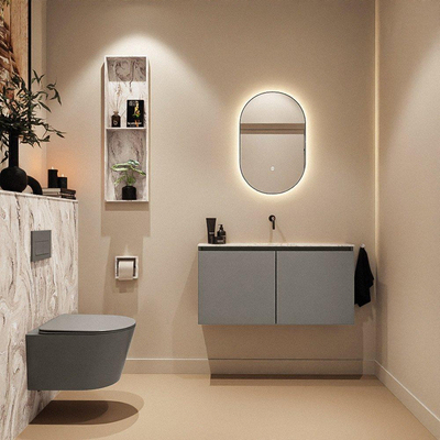 MONDIAZ TURE-DLUX Meuble toilette - 100cm - Smoke - EDEN - vasque Glace - position centrale - sans trou de robinet