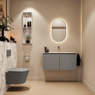 MONDIAZ TURE-DLUX Meuble WC 100 cm Smoke. EDEN vasque Glace position milieu. Sans trou de robinet.