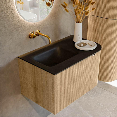MONDIAZ KURVE 75cm badmeubel met module 25 R kleur Oak met 1 lade en 1 deur. Wastafel GRUNNE links zonder kraangat Urban.
