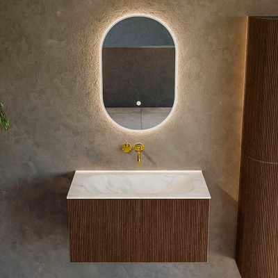 MONDIAZ KURVE-DLUX Meuble de salle de bains 80 cm couleur Walnut avec 1 tiroir. Lavabo BIG SMALL centré sans trou de robinet couleur Ostra.