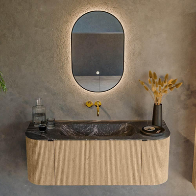 MONDIAZ KURVE-DLUX Meuble de salle de bains 120 cm avec module 25 Len R couleur Oak avec 1 tiroir et 2 portes. Lavabo BIG SMALL au milieu sans trou de robinet couleur Lava.