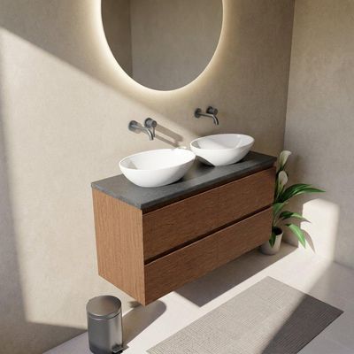 Saniclass Holz Pure Ensemble de meuble de salle de bains - 120x45x63cm - lavabo en basalte Noche poli - 1 vasque - sans trou de robinet - 4 tiroirs - walnut pure mat (bois)
