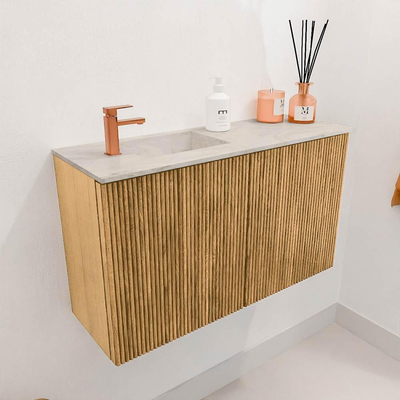 Mondiaz JOYA-DLUX 70cm toiletmeubel - kleur Oak - Wastafel FAYE positie Links 1 kraangat kleur Ostra.