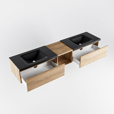 MONDIAZ BUKLA 200cm badmeubel met open module 40 kleur Washed Oak met 2 lades. Wastafel CLOUD dubbel 2 kraangaten kleur Urban.