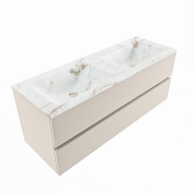 Mondiaz VICA-DLUX Ensemble de meuble de salle de bain - 130cm - meuble sous-vasque lin - 2 tiroirs - lavabo encastrée cloud double - 2 trous de robinet - version haute de 60cm - frape