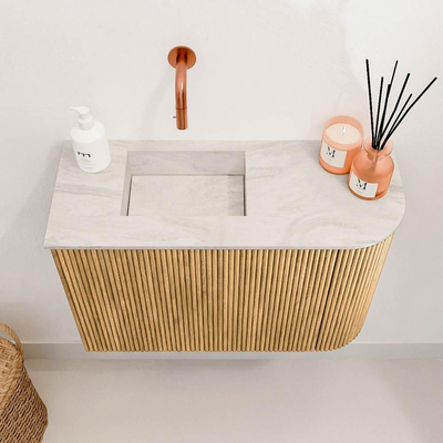 Mondiaz JOYA-DLUX 61.6cm toiletmeubel - ronding rechts kleur Oak - Wastafel FAYE positie Links Zonder kraangat kleur Ostra.