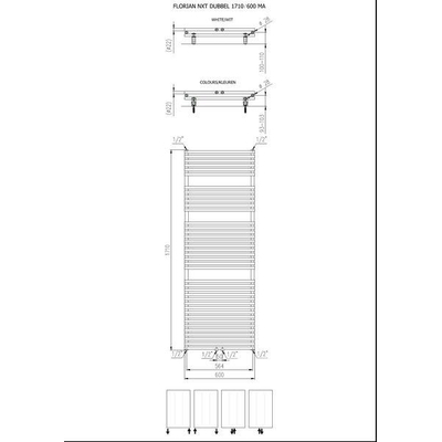 Plieger Florian Nxt M designradiator dubbel horizontaal met middenaansluiting 1710x600mm 1366W zwart grafiet (black graphite)
