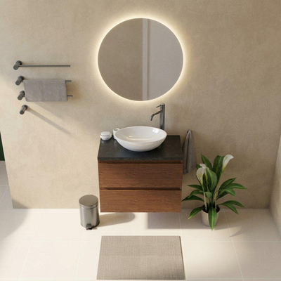 Saniclass Holz Pure Ensemble meuble de salle de bains - 80x45x63cm - Plan de toilette en basalte Noche poli (noir) - 1 trou de robinetterie - 2 tiroirs - walnut pure mat (bois)