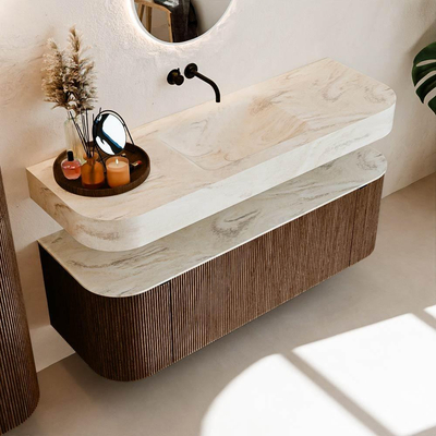 MONDIAZ THOR-DLUX Meuble de salle de bains 140cm arrondi gauche + droite couleur Walnut avec 1 tiroir et 2 portes. Vasque suspendue CLOUD Milieu sans trou de robinet couleur Ostra.