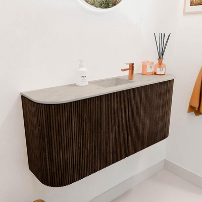 Mondiaz JOYA-DLUX 93.2cm toiletmeubel - ronding links en rechts kleur Walnut - Wastafel FAYE positie Midden 1 kraangat kleur Opalo.