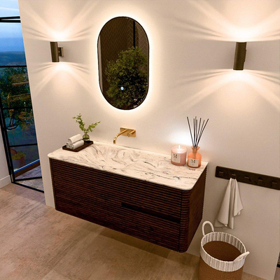 Mondiaz CIRO-DLUX Meuble de salle de bains - 120x45x50cm - plan vasque en solid surface Glace - 1 lavabo à gauche - sans trous de robinetterie - 2 tiroirs - Noyer