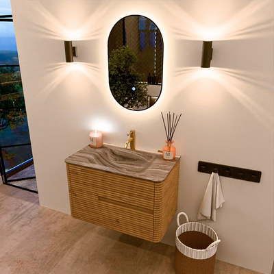 Mondiaz CIRO-DLUX Meuble de salle de bains - 80x45x50cm - Plan-vasque solid surface Sombra - 1 vasque centrale - 1 trou de robinetterie - 2 tiroirs - Chêne