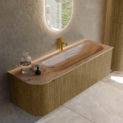 MONDIAZ KURVE-DLUX meuble de salle de bains 135cm arrondi à gauche couleur Dusk avec 1 tiroir et 1 porte. Lavabo BIG MEDIUM à droite 1 trou de robinet Arena.