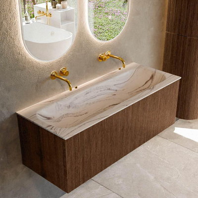 MONDIAZ KURVE-DLUX Meuble de salle de bains 120 cm couleur Walnut avec 1 tiroir et 0 porte. Lavabo BIG LARGE Centre sans trou de robinet Nata.