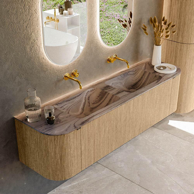 MONDIAZ KURVE-DLUX Meuble de salle de bains 170cm arrondi gauche + droite couleur Chêne avec 1 tiroir et 2 portes. Lavabo LEAF Double sans trou de robinet Sombra.