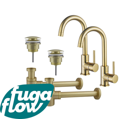 FugaFlow Eccelente Sobrado Badkamer Wastafelkraanset - voor dubbele wastafel - hoge wastafelkraan - draaibare uitloop - klikwaste plug - verlaagde design sifon - PVD Geborsteld Messing