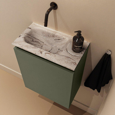 MONDIAZ TURE-DLUX Meuble de toilettes 40 cm Army. EDEN lavabo Glace position gauche. Sans trou de robinet.