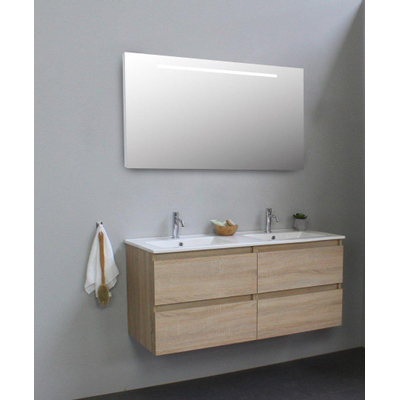 Basic Bella Badkamermeubelset - 120x55x46cm - 2 wasbakken - Keramiek - Wit - 2 kraangaten - Wandspiegel met verlichting - Spaanplaat Eiken