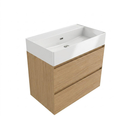 Saniclass Holz Pure Ensemble de meuble de salle de bains - 80x45x72cm - lavabo Legend en céramique blanc - 1 vasque - sans trou de robinetterie - 2 tiroirs - chêne natural mat (bois)