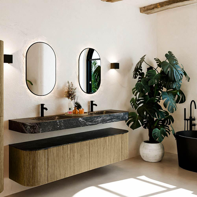 MONDIAZ THOR-DLUX 180cm meuble de salle de bains arrondi gauche + droite couleur Dusk avec 2 tiroirs et 2 portes. Vasque suspendue CLOUD Double 2 trous de robinet couleur Lava.