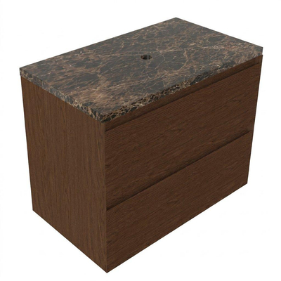 Saniclass Holz Pure Ensemble de meubles de salle de bains - 80x45x63cm - Plan de travail en pierre naturelle Noche dark emperador - sans trou de robinet - 2 tiroirs - walnut pure mat (bois)