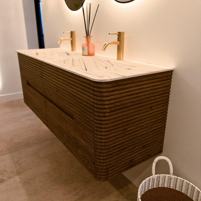 Mondiaz CIRO-DLUX Meuble de salle de bains - 140x45x50cm - Plan vasque solid surface Nata - 2 vasques Double - 2 perçages de robinetterie - 4 tiroirs - Dusk