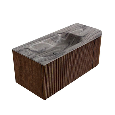 MONDIAZ KURVE-DLUX Meuble de salle de bains 105cm arrondi à droite couleur Walnut avec 1 tiroir et 1 porte. Lavabo BIG SMALL gauche sans trou de robinet Sombra.