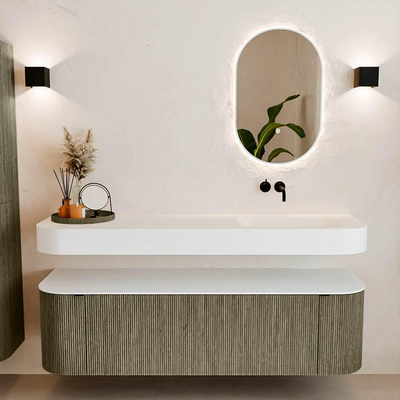 MONDIAZ THOR Meuble de salle de bains 160cm arrondi gauche + droite couleur Shadow avec 1 tiroir et 2 portes. Vasque suspendue CLOUD Droite sans trou de robinet couleur Talc.