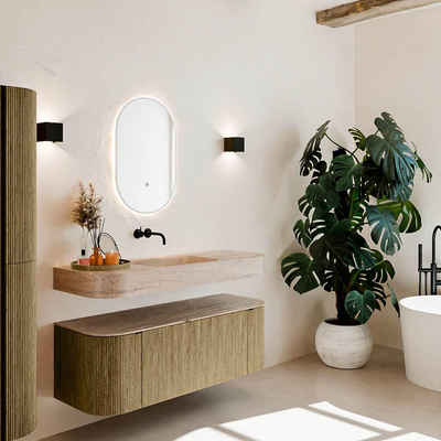 MONDIAZ THOR-DLUX 130cm meuble de salle de bains arrondi gauche + droite couleur Dusk avec 1 tiroir et 2 portes. Vasque suspendue CLOUD Centre sans trou de robinet couleur Saba.