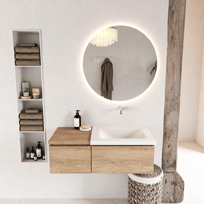 MONDIAZ BUKLA meuble de salle de bain 100cm avec module 40 couleur Chêne blanchi avec 2 tiroirs. Lavabo CLOUD à droite 0 trous de robinet couleur Talc.