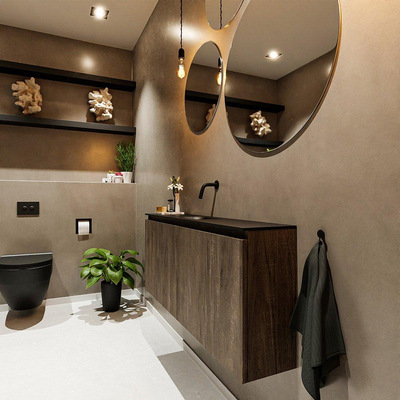 MONDIAZ TURE Kit lave-mains - 120x23x50cm - 0 trou de robinet - 2 portes - marron foncé mat - Lavabo centré - Solid Surface Noir