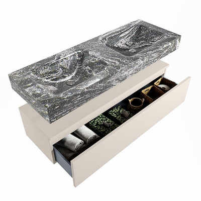 Mondiaz ALAN-DLUX Ensemble de meuble - 130cm - meuble Linen mat - 1 tiroir - Lavabo Cloud Lava suspendu - vasque Gauche et droite - 0 trous de robinet