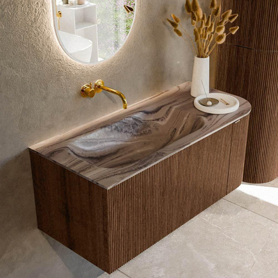 MONDIAZ KURVE-DLUX Meuble de salle de bains 105cm arrondi à droite couleur Walnut avec 1 tiroir et 1 porte. Lavabo BIG SMALL gauche sans trou de robinet Sombra.