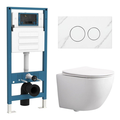 QeramiQ Dely Swirl Compact Toiletset - inbouwreservoir QeramiQ flush - slim zitting - marmeren bedieningsplaat wit - ronde knoppen - glans wit